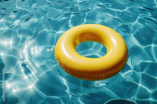 Yellow inflatable ring floating on blue water in swimming pool summer vacation concept Generative AI