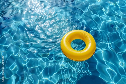 Yellow inflatable ring floating on blue water in swimming pool, top view. summer vacation concept Generative AI