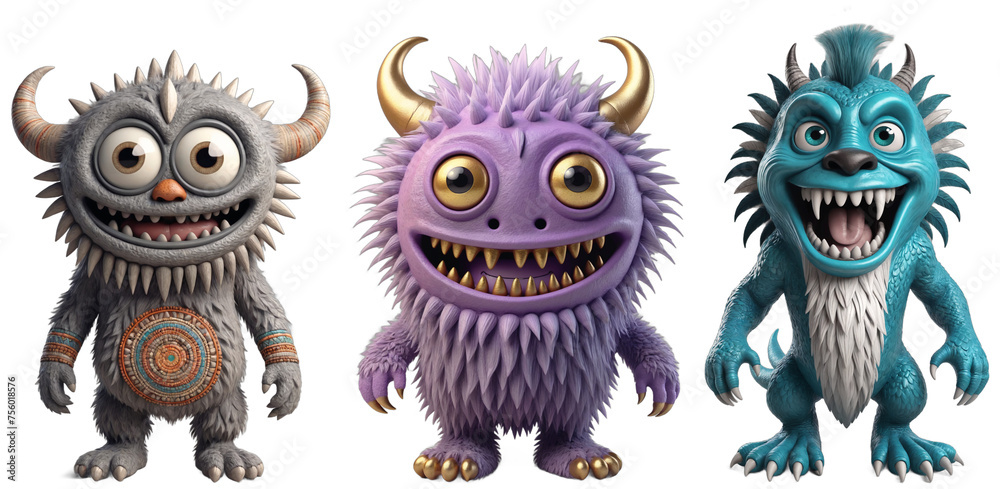 Three charismatic fluffy monsters with big eyes, horns, grinning wide and showcasing sharp teeth and claws, isolated on transparent background