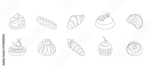 French pastry continuous one line drawing. Hand drawn sketch of  desserts, sweets, croissant, cakes for bakery menu design. Vector collection