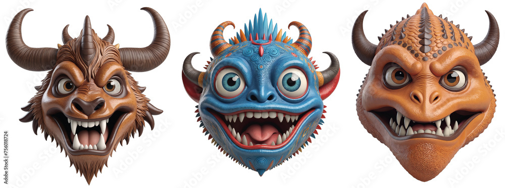 Terrifying sight of three scary heads, each adorned with ominous horns and menacing fangs, fixing their gaze upon you, isolated on transparent background - obrazy, fototapety, plakaty 