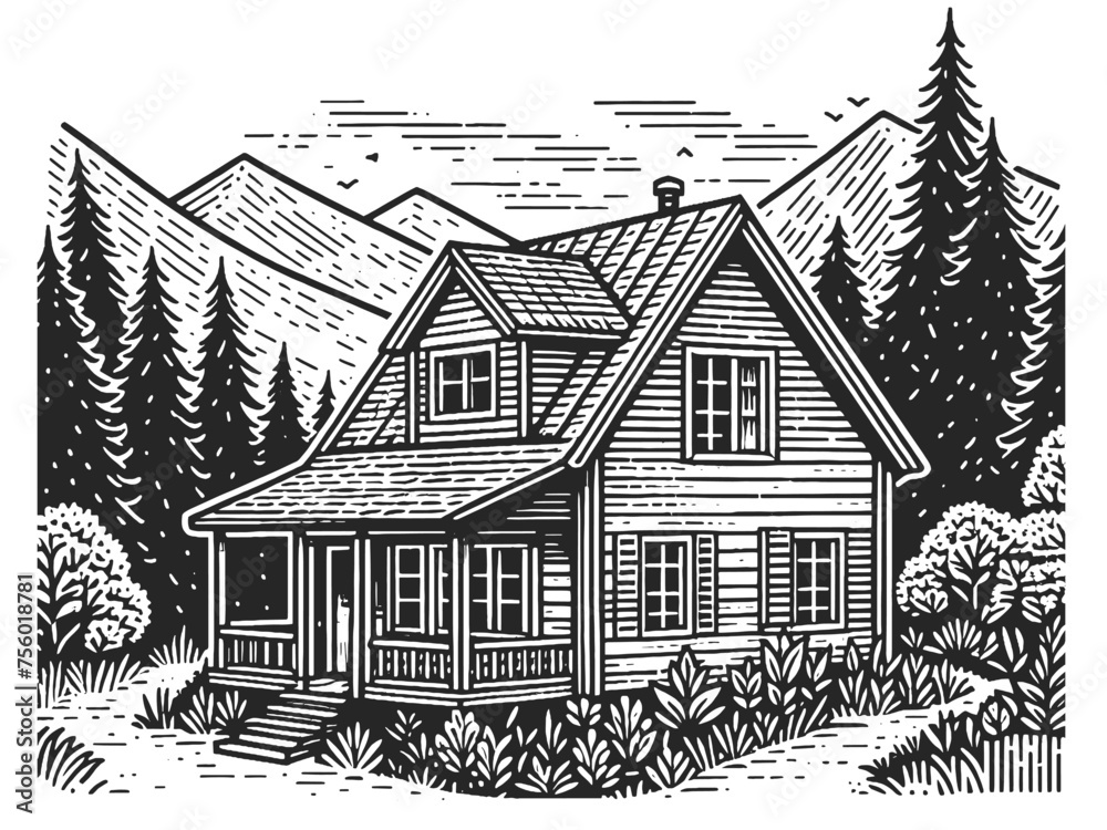 cozy mountain house cabin surrounded by dense pine trees and a mountain backdrop. Sketch engraving generative ai vector illustration. Scratch board imitation. Black and white image.