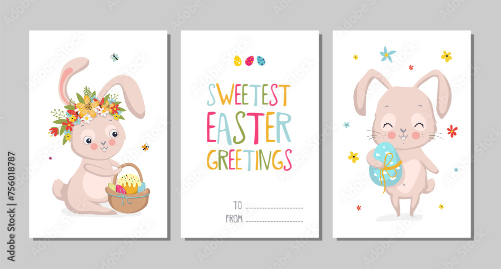 Happy Easter Set of cute greeting cards, posters, holiday covers or banners. Trendy design with typography, hand painted Easter bunny and eggs. Happy Easter Set of cute greeting cards, posters, holiday covers or banners. Trendy design with typography, hand painted Easter bunny and eggs.