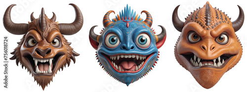 Terrifying sight of three scary heads, each adorned with ominous horns and menacing fangs, fixing their gaze upon you, isolated on transparent background