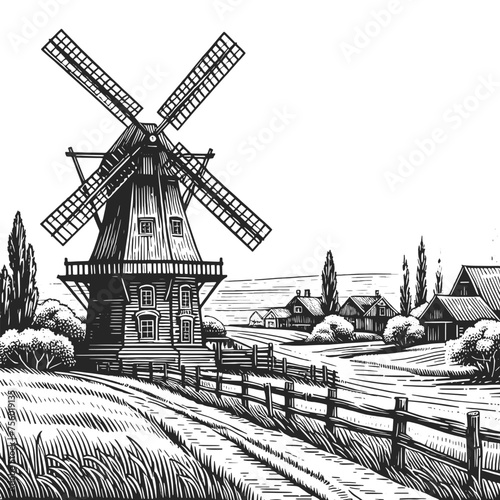 traditional windmill in a pastoral setting, depicted in an engraved style. Sketch engraving generative ai vector illustration. Scratch board imitation. Black and white image.
