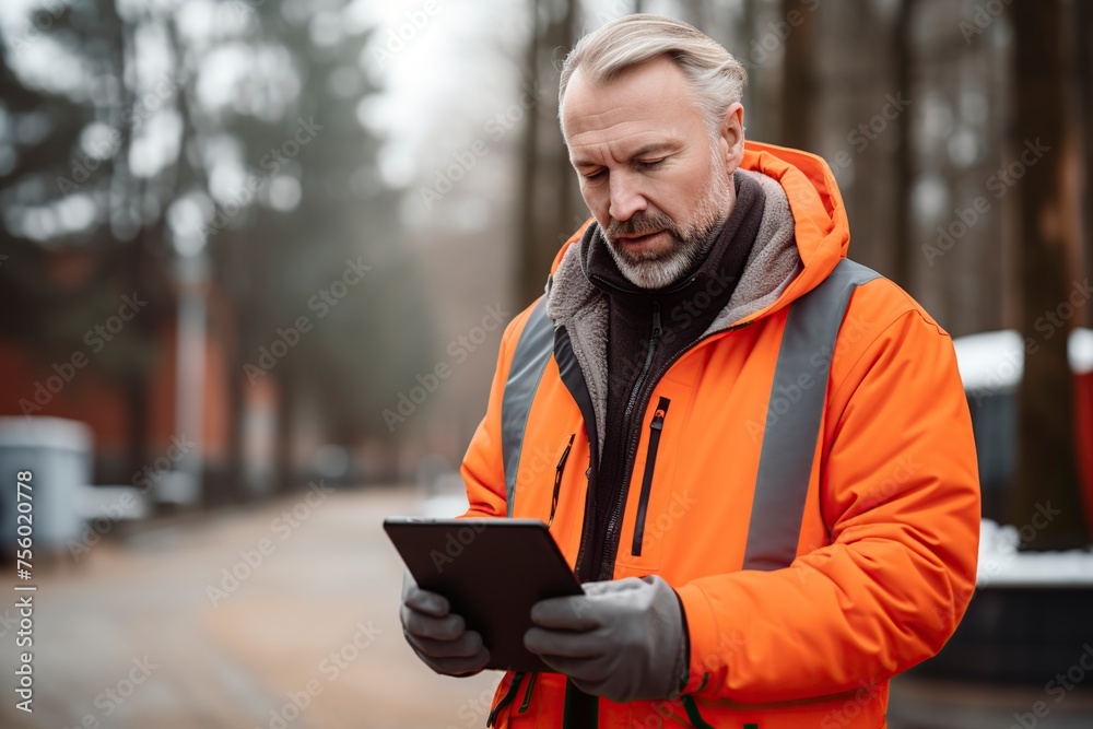 Fototapeta premium man wearing an orange uniform focuses on a tablet looking at information