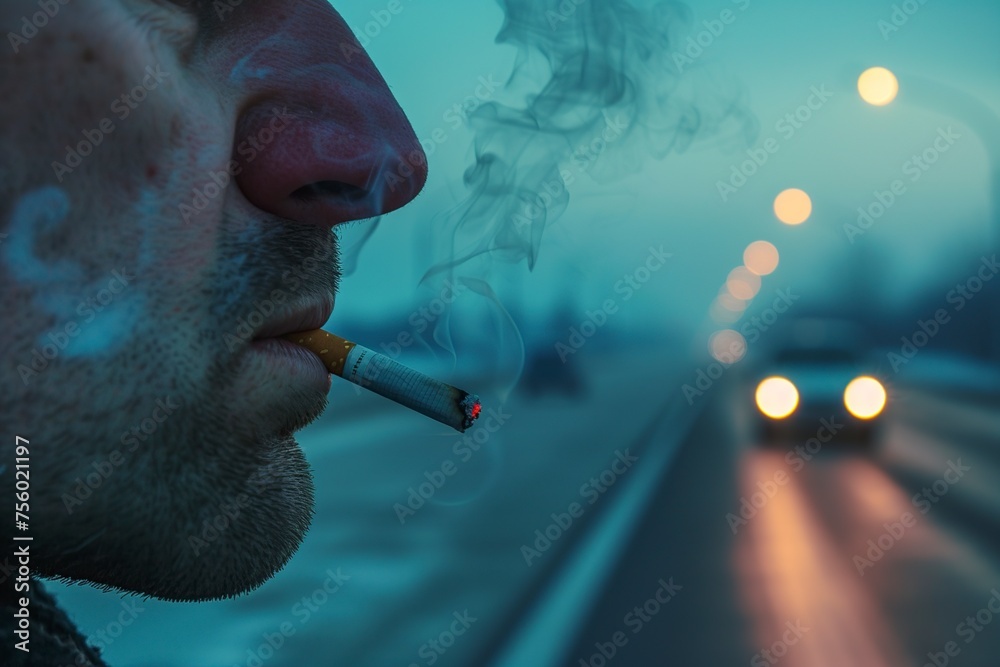 attractive man with a lit cigarette - obrazy, fototapety, plakaty 
