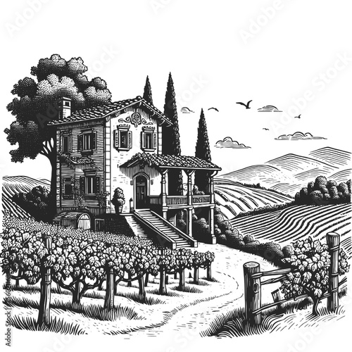 serene Tuscan vineyard landscape with a traditional villa, cypress trees, and distant hills. Sketch engraving generative ai vector illustration. Scratch board imitation. Black and white image.