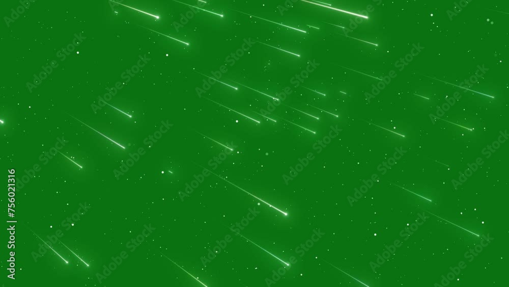 Shooting Stars And Twinkle Stars Moving On Green Screen Background. White Stars Moving In The Sky, Glowing Shooting Stars Falling Form Sky On Green Screen Background. Lots Of Shooting Stars Falling