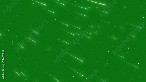 Shooting Stars And Twinkle Stars Moving On Green Screen Background. White Stars Moving In The Sky, Glowing Shooting Stars Falling Form Sky On Green Screen Background. Lots Of Shooting Stars Falling