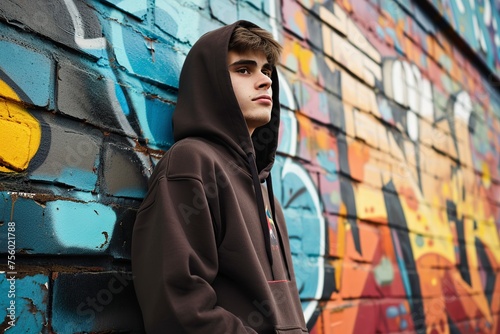 young man with a hoodie and a wall with graffiti in the background