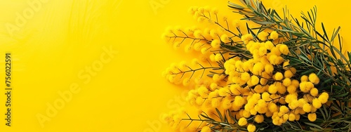 Bright Yellow Mimosa Flowers and Green Leaves on a Vibrant Yellow Background © AndErsoN