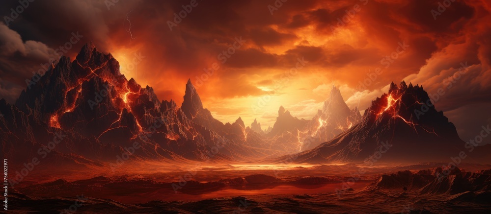 A stunning painting of a volcano erupting in the middle of a desert under a red sky at morning, with cumulus clouds and a fiery afterglow in the atmosphere