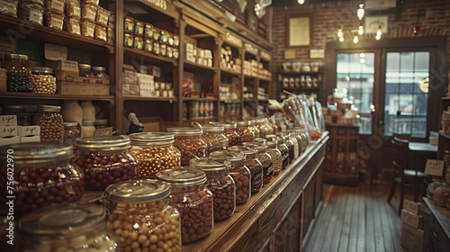 Handmade spherical candies in glass jars for sale in the marketplace