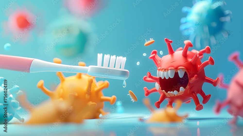 A minimalist 3D scene featuring a charming toothbrush heroically escaping a swarm of cartoon germs - obrazy, fototapety, plakaty 