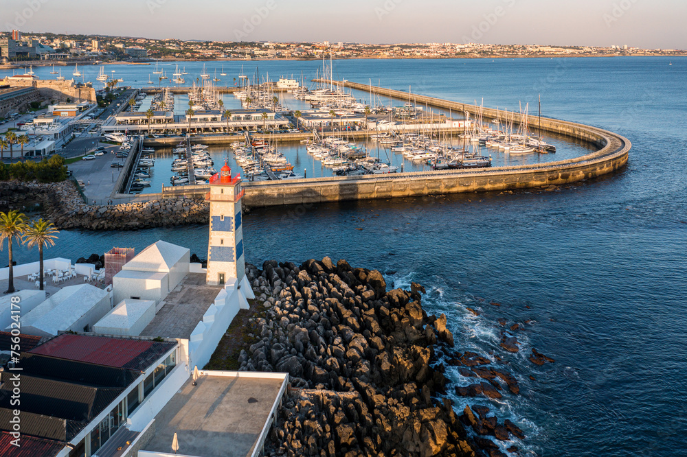 Panorama of marina and coastline of Cascais, Portugal with Santa Marta