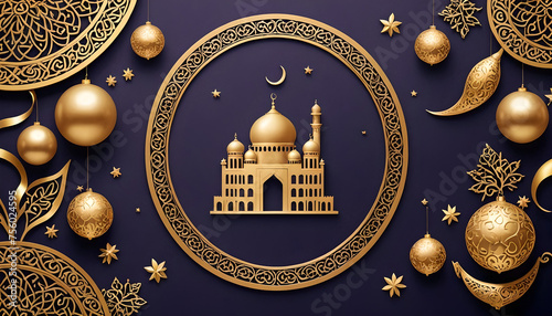 high quality a happy Eid Mubarak greeting card containing typical Eid decorations with adorable designs, generative AI