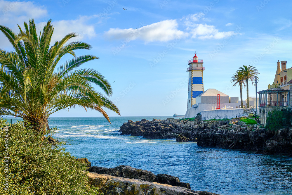 Beautiful landscape of sea, sunny day and lighthouse, Cascais
