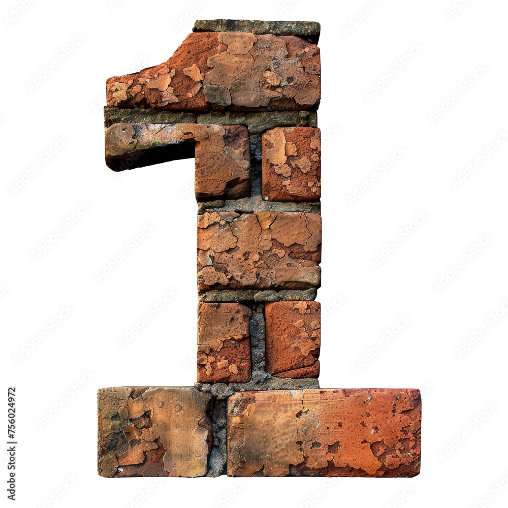 Number 1 made of red brick Isolated on Transparent or White Background, PNG