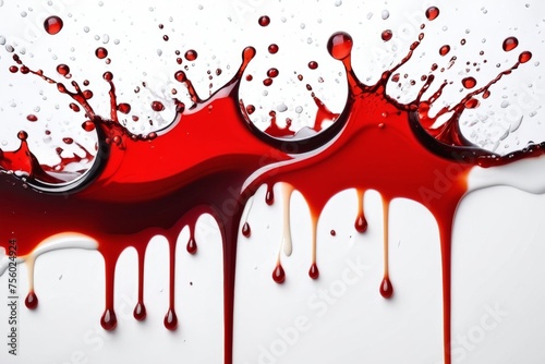 Blood-red liquid pours into milky-white liquid, forming splashes and intricate shapes