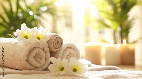 Serene Spa Setting With White Towels and Lit Candles in Natural Light