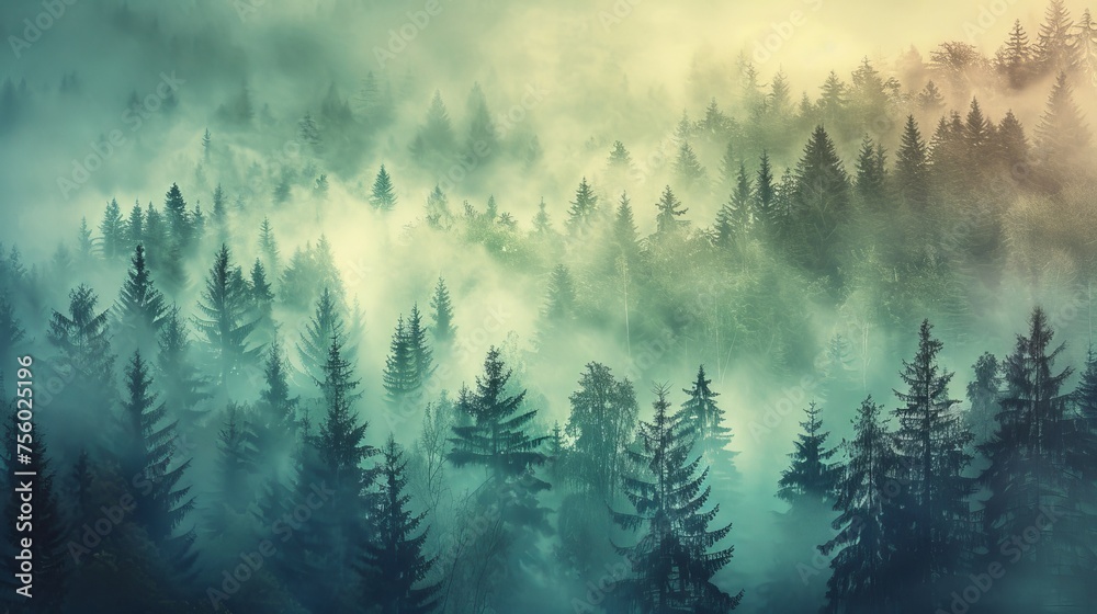 A misty landscape featuring a fir forest, presented in a hipster vintage retro style.