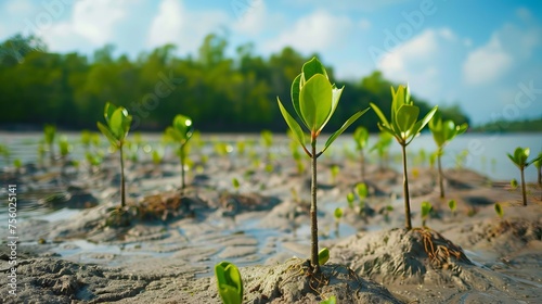 Young mangrove trees growing along the coast of Samsarn Island, Chonburi, Thailand. These seedlings are part of efforts to care for the coastline and protect the environment. photo