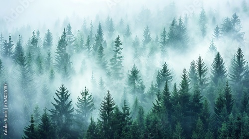 A misty landscape featuring a fir forest, presented in a hipster vintage retro style. © Marry
