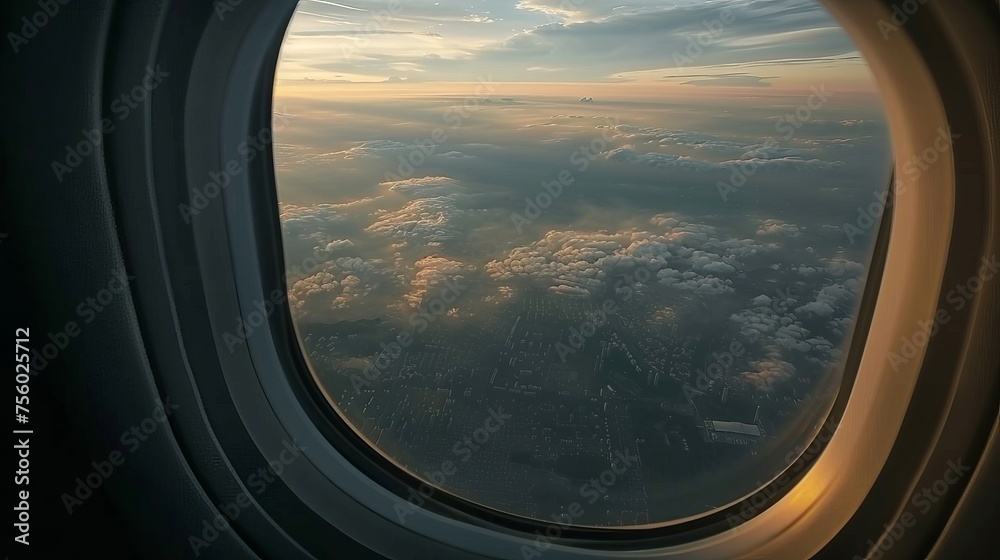 A view from an airplane window at a high altitude, capturing a distant city covered with a layer of thin, misty smog. In the evening light, you can also see distant clouds in the sky, giving the scene A view from an airplane window at a high altitude, capturing a distant city covered with a layer of thin, misty smog. In the evening light, you can also see distant clouds in the sky, giving the scene