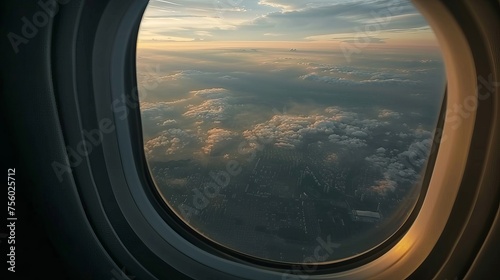 A view from an airplane window at a high altitude  capturing a distant city covered with a layer of thin  misty smog. In the evening light  you can also see distant clouds in the sky  giving the scene