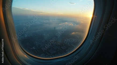 A view from an airplane window at a high altitude, capturing a distant city covered with a layer of thin, misty smog. In the evening light, you can also see distant clouds in the sky, giving the scene
