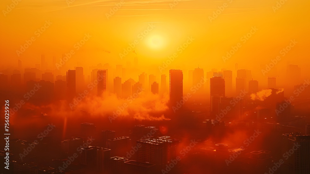 Air pollution. Smog and fine dust of pm2.5 covered city in the morning with orange sunrise sky. Cityscape with polluted air. Dirty environment. Urban toxic dust. Unhealthy air. Urban unhealthy living.