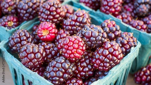 Fresh Organic Blackberries in Blue Punnets at Local Farmer's Market, Healthy Ripe Berry Fruits in Baskets, Summer Harvest Concept photo