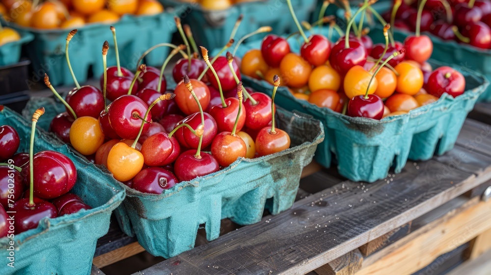 Fresh Organic Yellow and Red Cherries in Blue Punnets at Local Farmers Market Display Fresh Organic Yellow and Red Cherries in Blue Punnets at Local Farmers Market Display