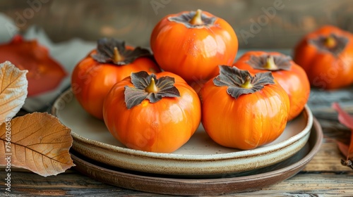 Fresh Persimmons on Rustic Wooden Table with Autumn Leaves - Seasonal Fruit Display for Healthy Eating Concept