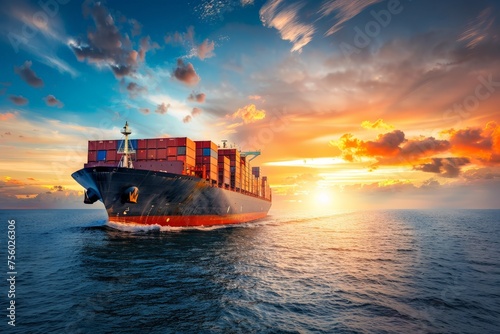 Container cargo ship in the ocean at sunset blue sky background with copy space, Nautical vessel and sea freight shipping, International global business logistics transportation import export concept photo