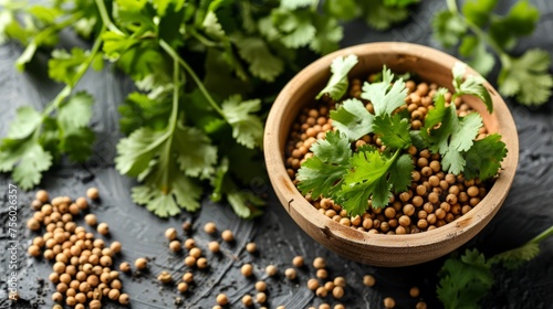 Coriander leaves and seeds are used to add freshness and a characteristic flavor to dishes from various cultures generative ai