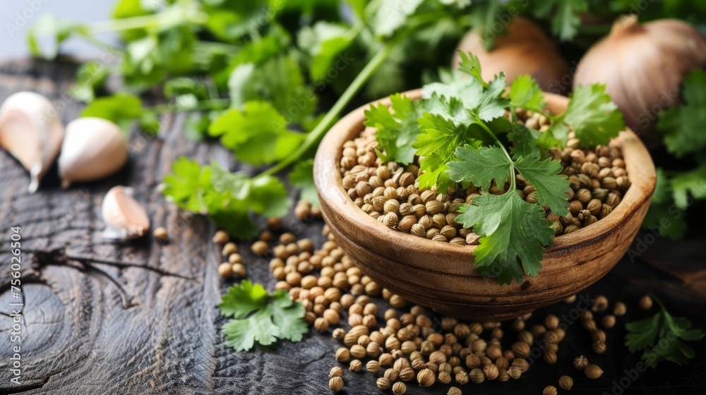 Coriander leaves and seeds are used to add freshness and a characteristic flavor to dishes from various cultures generative ai Coriander leaves and seeds are used to add freshness and a characteristic flavor to dishes from various cultures generative ai