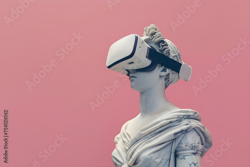 Female antique sculpture with virtual reality headset. Sculpture in VR glasses on pink background. VR, AR, metaverse, future, gadgets, technology, education online, study, video game concept