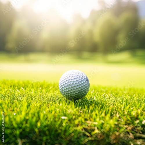 Golf ball on tee on green grass of golf course
