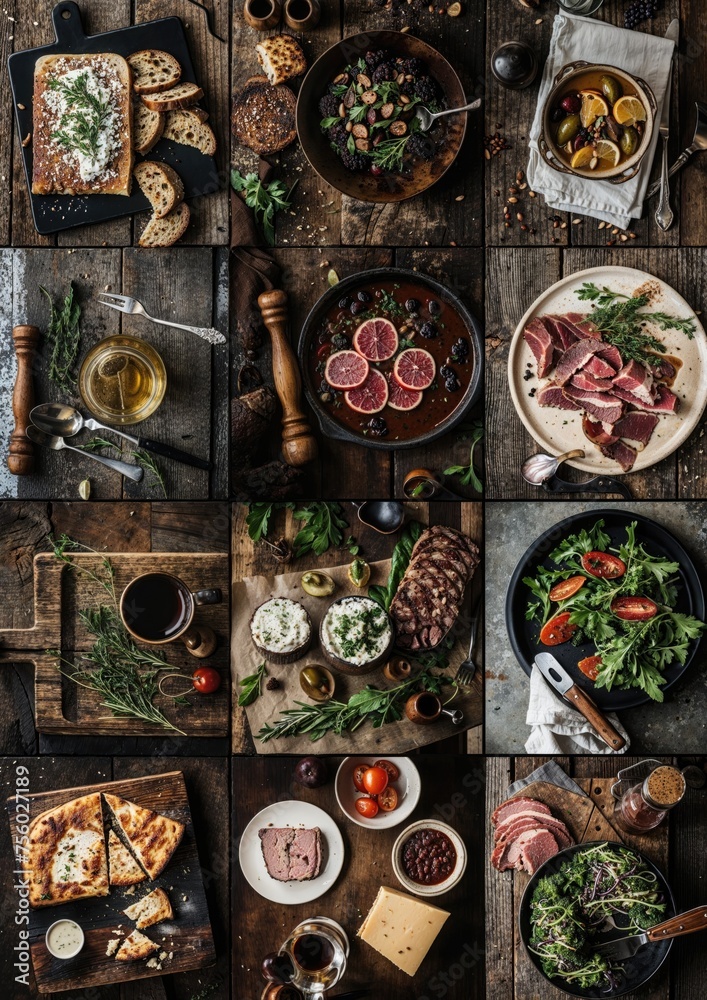 Rustic top tier restaurant, with organic meat and vegetables, delicious authentic food, expensive but simple restaurant experience, sophisticated atmosphere, mood, multiple images, multiple images