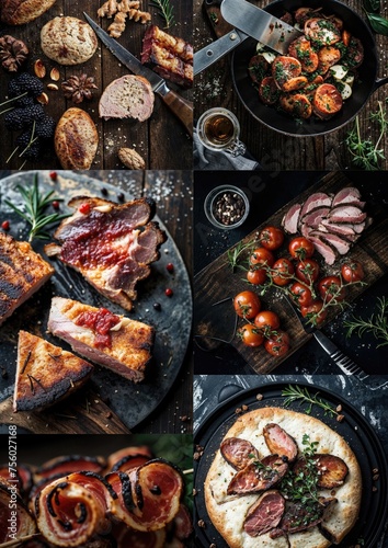 Rustic top tier restaurant, with organic meat and vegetables, delicious authentic food, expensive but simple restaurant experience, sophisticated atmosphere, mood, multiple images, multiple images