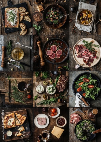 Rustic top tier restaurant, with organic meat and vegetables, delicious authentic food, expensive but simple restaurant experience, sophisticated atmosphere, mood, multiple images, multiple images
