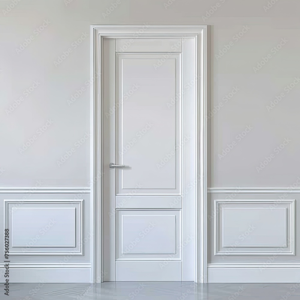 3d rendering of white door with trim on grey wall background. classic interior design concept 3d rendering of white door with trim on grey wall background. classic interior design concept