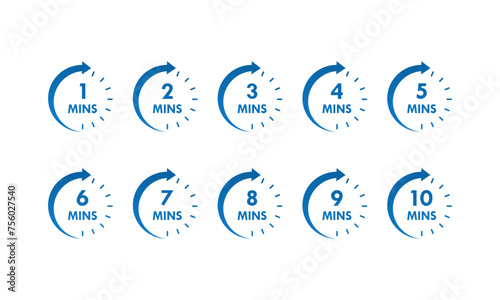 Countdown design template illustration. Clock time circle from 1 minutes to 10 minutes icon set
