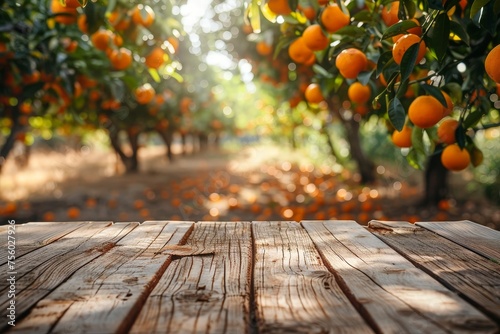 Empty wood table with free space over orange trees, orange field background. For product display montage photo