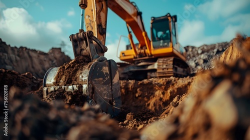 Closeup bucket of backhoe digging the soil at construction site. Crawler excavator digging on demolition site. Excavating machine. Earth moving equipment. Excavation vehicle.  photo