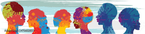 Silhouette of a group of multiethnic people. Racial equality in a multicultural society. Anti-racism concept. Profile silhouettes of different people