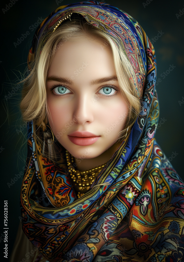 Woman With Blue Eyes Wearing Scarf. Generative AI