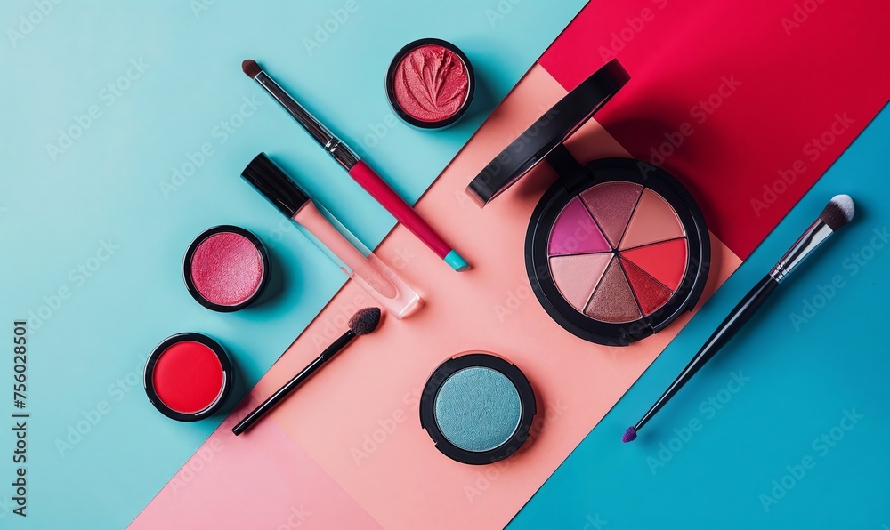 Funky beauty cosmetic make-up set, with brushes, eye shadow cake, blush, lipstick rouge flat lay out pink and  blue and  teal paper, magenta, aqua, teal 80's fashion - obrazy, fototapety, plakaty 